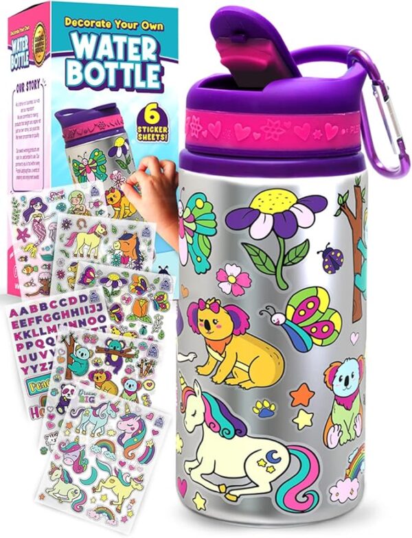 PURPLE LADYBUG Decorate Your Own Water Bottle Kit - Gifts for Girls Ages 4-8 Years Old Birthday, Little Girl Gifts